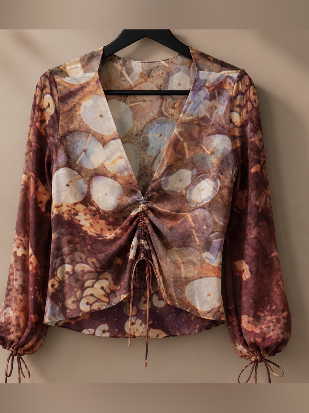 Tufi Duek 100% Silk Sheer Ruched Tie Front Blouse Top Brazil Designer Size 44